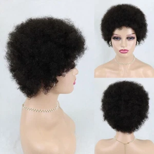 Afro Curly Wig Short Human Hair Wigs For Black Women No Lace Black Glueless Wig - Picture 1 of 11