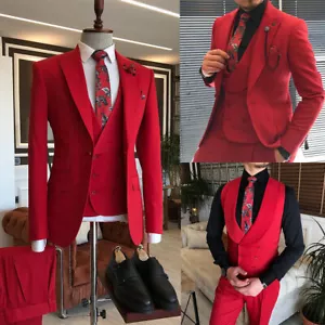 Traje Para Hombre Rojo Calce Ajustado Formal Negocios Baile de graduación Fiesta Novio Esmoquin Boda Personalizado - Imagen 1 de 8