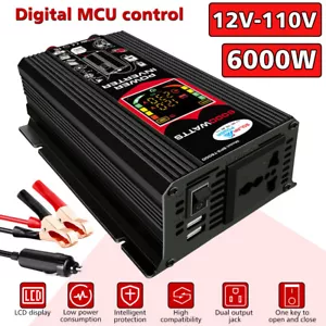6000W LCD Car Power Inverter DC 12V To AC 110V Pure Sine Wave Solar Converter US - Picture 1 of 12