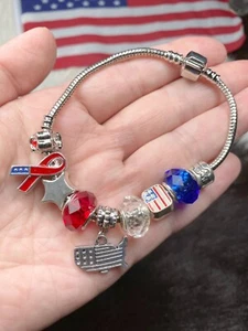American Flag Bracelet European charm USA Patriotic Woman July 4th Gift - Picture 1 of 11