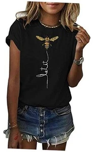 Womens Cute Bee Graphic Tee Shirts Short Sleeve Let It Bee Funny X-Large Black - Picture 1 of 6