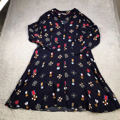 Boden Jessica Dress Womens UK 20 US 16 Navy Military Medal Print Button Shirt LS - Image 1 of 4