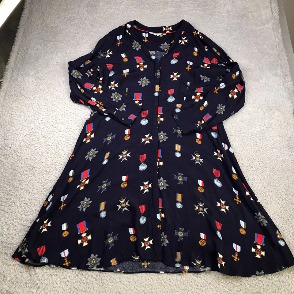 Boden Jessica Dress Womens UK 20 US 16 Navy Military Medal Print Button Shirt LS - Image 1 of 4