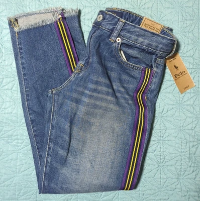 Polo Ralph Lauren Astor Slim BF Jeans Girls Sz 16 W/Race Stripes Frayed Ends - Image 1 of 4