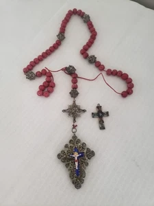 Vtg Bavarian Filigree Rosary Enamel Crucifix 19th Century Catholic Religious - Picture 1 of 7
