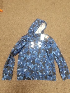 New Under Armour Boys Youth Large L Fleece Blue Black Camo Hoodie Pull Over NWT  - Picture 1 of 8