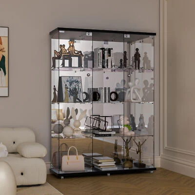 Vitrina de vidrio con espejo 4 estantes 3 puertas estuche de almacenamiento para curiosidades negro NUEVO Foto 1 de 4