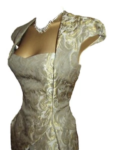 KAREN MILLEN ❤️ FABULOUS GOLD GREEN BROCADE PARTY MINI DRESS SIZE 12 COCKTAIL - Picture 1 of 9