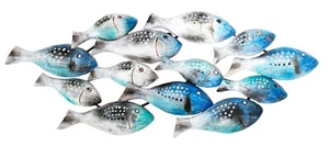 SCHOOL OF BLUE FISH Metal/ WOOD Wall Art Suitable for Indoor and Outdoor 71 cm - Picture 1 of 5
