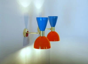 1950's Mid Century Brass Italian Diabolo Wall Sconce Light -Fixture 2 Bulb Pair - Foto 1 di 7