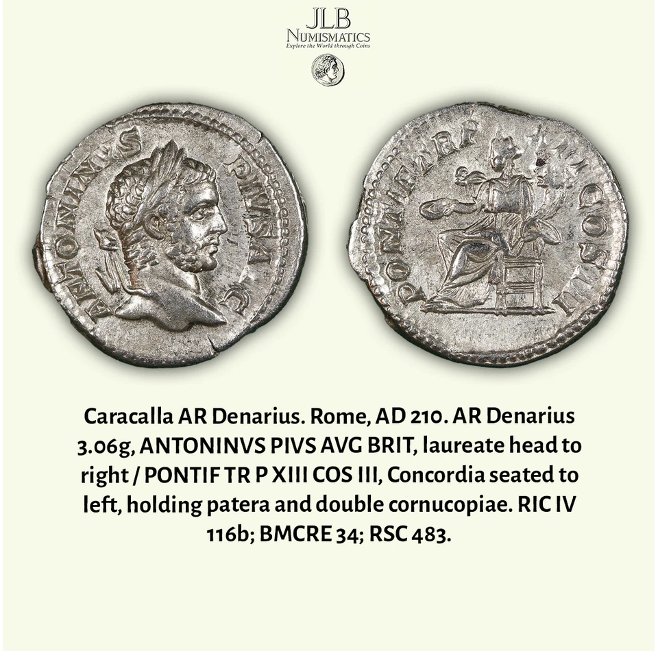 Ancient Rome, Caracalla AD 210. Silver Denarius, Concordia, EF *Video. - Image 1 of 1
