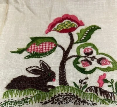Bunny Floral Crewel Linen Boho Paragon Needlecraft Rabbit VTG MCM - Image 1 of 4