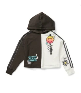 Justice Black White Glitter Logo Daisy Happy Face Pullover Hoodie Size L 12/14 - Picture 1 of 7