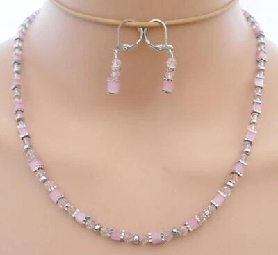 2er Schmuckset Kette Ohrringe Würfel Cube Cat Eye Kristallglas Strass Lila  555a - Bild 1 von 4
