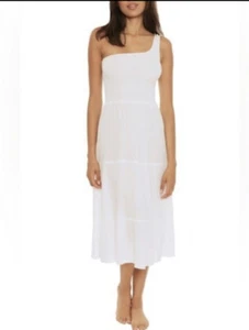 Becca by Rebecca gesmoktes Sommerkleid One Shoulder Midi weiß Schwimmen Überzug Neu mit Etikett - Bild 1 von 5