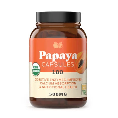 Cápsulas orgánicas de enzimas de papaya y papaína - 600 mg 100 píldoras de papaya orgánica en polvo Foto 1 de 4