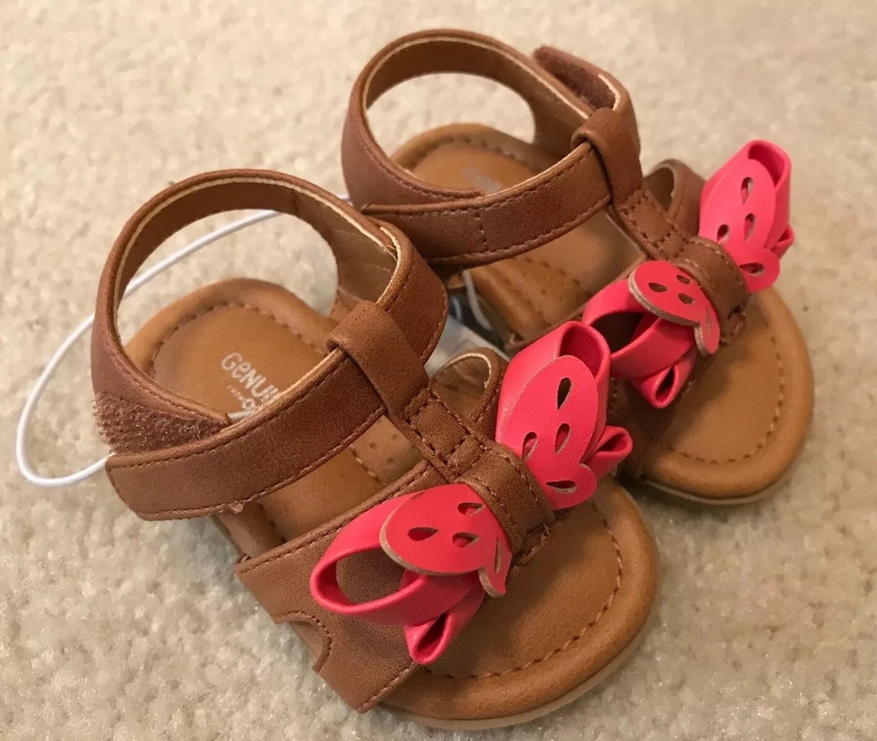 Новый с Ярлыками девочек Baby Oshkosh подлинный Kids коричневый/розовый бабочка регулируемые сандалии размер 2 - Изображение 1 из 4