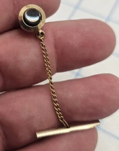 VTG Tie Tack Gold Tone Chain N Pin Brown Stone Round Smooth Small - Picture 1 of 7
