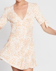 Shona Joy Size 10 AU / 6 US Dress Heather Tie Sleeve Bias Mini Tan White Flare - Picture 1 of 15