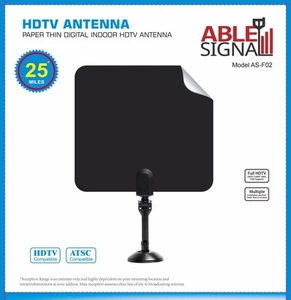 INDOOR PAPIERDÜNNE FLACHE HDTV TV ANTENNE 25 MEILEN VHF UHF MIT STÄNDER - Bild 1 von 2