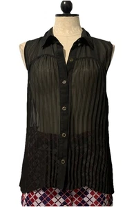 Top Accordion Pleated Blouse EDGE Button Front Sz L Black Chiffon Sheer Flowy - Picture 1 of 9
