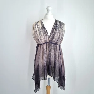 AllSaints Top 100% Silk Floaty Grey Blouse Porisian Kaftan Animal Print Tunic 10 - Picture 1 of 10