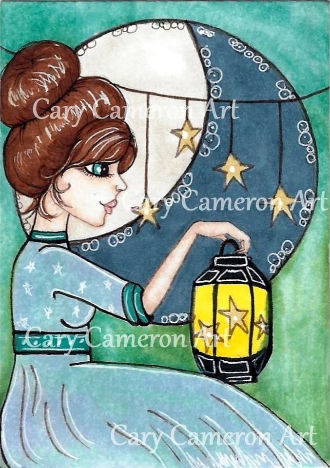 ACEO Original Painting Big Eye Lantern Stars Moon Fantasy Outsider art C Cameron - Image 1 of 1