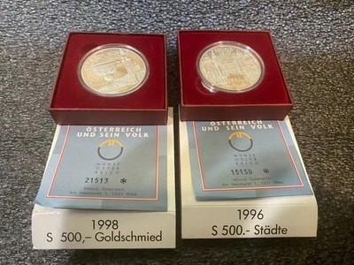 Austria 500 Shillings Silver Proof (2) TWO coins Proof Quality Coins, 1996, 1998 - Image 1 of 4