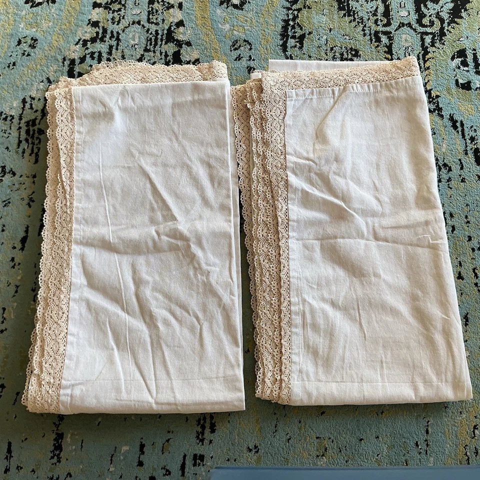 2 Curtain Panels 54x108 Off White Lace Edge Cottagecore Farmhouse Country Decor - Image 1 of 4