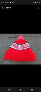 VINTAGE TRUE VALUE HARDWARE BULLS WINTER HAT/BEANIE RED WHITE WITH POM RARE - Picture 1 of 8