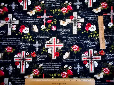 Tela Religiosa 1/2 Yarda Increíble Gracia Cruz Fe Rosa Negro Algodón Premium Foto 1 de 2