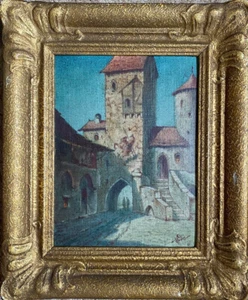 :: PINTURA AL ÓLEO SIGNO. LINZ PUERTA DE CIUDAD MEDIEVAL CON TORRE QUIÉN BLANCO DÓNDE? - Imagen 1 de 6
