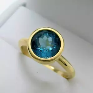 AAAA London Blue Topaz 3.41 Carats 9mm Round 14K yellow gold bezel set ring. - Picture 1 of 8