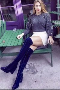 💙 NWT ZARA Royal Blue VELVET OVER THE KNEE HIGH HEEL BOOTS BLUE Sz 36 6 - Picture 1 of 9