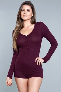 SOFT sexy BE WICKED long SLEEVE button UP shorts ROMPER bodysuit PAJAMA jumpsuit - Picture 1 of 2