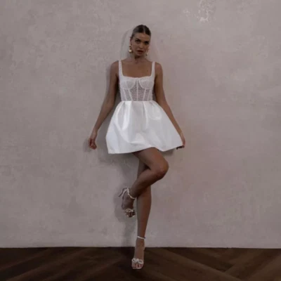 Brautkleid Kurz Hochzeitskleid Gebiet Weiß Ivory Maßgeschneidert 38 40 42 44 - Bild 1 von 4