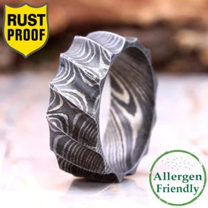 Anillo de Acero Damasco Hecho a Mano Personalizado Torcido Caído Banda de Compromiso para Hombre - Imagen 1 de 9