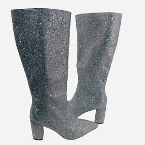 Womens Size 10 Rhinestone Decor Pointed Toe Thick Heels Knee High Boots Silver