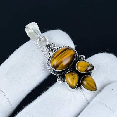 Naturale di Tigre Occhio Gemma Ciondolo 925 Argento Sterling Gioielli Per Amore - Immagine 1 di 4