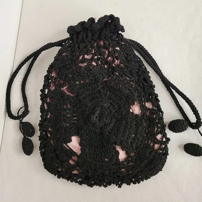 Victorian Crochet Purse Bag Antique Drawstring Silk Lining Black Tassels  - Image 1 of 4