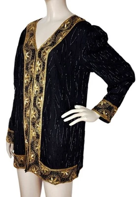 Vintage 80s 90s Royal Feelings 100% Silk Gold Beaded Sequined Jacket Size L/XL - Image 1 of 4