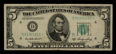 FR 1962-D* $5 1950 A Federal Reserve Note US - Star Note - SKU-CA1271 - Image 1 of 2