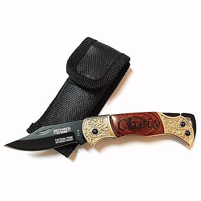 9 cuchillos de bolsillo de madera de hoja negra grabados personalizados para regalo Foto 1 de 1