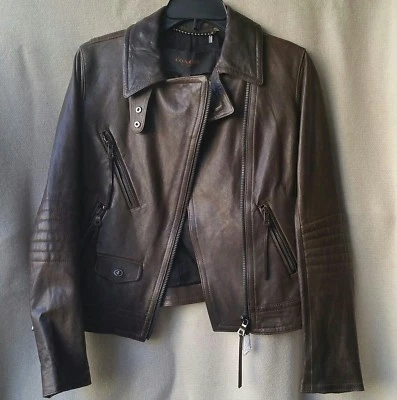 NUEVO CON ETIQUETAS Coach 85080 XS X-small Slim Moto Motociclista Chaqueta de Cuero Marrón Polvoriento Oliva  Foto 1 de 4
