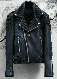 Herren Full Punk schwarz Metall Stachel Nieten Echtleder Bikerjacke mit Taschen - Bild 1 von 4