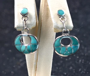 Sibert & Janita Kallestewa NATIVE AMERICAN ZUNI STERLING SILVER  INLAY EARRINGS - Picture 1 of 10