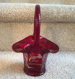 Fenton Ruby Red 40th Anniversary 7" Basket Hand Painted Signed FREE SHIPPING - Picture 1 of 11