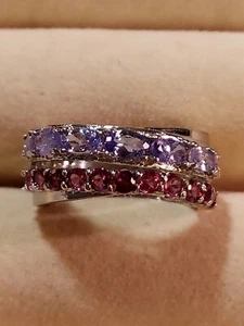 Natural Tanzanite 5x3mm & Rhodolite Garnets, 14KWG Plate Sterl.Sil. 925, 8.5 - Picture 1 of 12