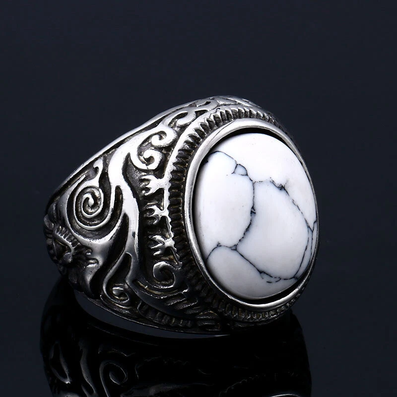 Vintage White Stone Ring Stainless Steel Men's Gothic Pattern Ring Biker Punk  Foto 1 de 1