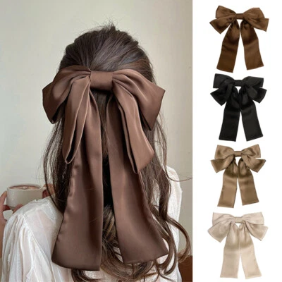 Large Bow Ribbon Hair Clip Double Satin Bowknot Hairpin Top Clip Solid Color New - Image 1 of 4